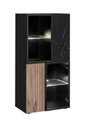 Display cabinet | ribbed front | color: black / oak vicking / black marble | 60 x 40 x 122 cm | push-to-open function | incl. LED lighting | 8 compartments
