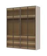 Modern hinged-door cabinet with four glass doors, Neiafu 11, includes interior lighting, color: cashmere, soft-close function, dimensions: 224 x 182 x 56 cm