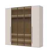 Large wardrobe with three glass doors, Neiafu 15, color: Cashmere, dimensions: 224 x 227 x 56 cm, includes interior lighting, soft-close function, and three clothing rods
