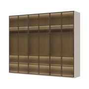 Six-door wardrobe with glass doors, including interior lighting, Neiafu 21, color: Cashmere, dimensions: 224 x 272 x 56 cm, three clothing rods, soft-close function