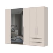 Large wardrobe with two mirrored doors, Neiafu 23, color: cashmere, two drawers, soft-close system, dimensions: 224 x 272 x 56 cm, three clothing rods