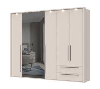 Wide hinged-door cabinet with LED frame, model Neiafu 79; color: cashmere; two mirrored doors; two drawers; soft-close function; dimensions: 224 x 272 x 56 cm