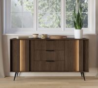 Chest of drawers | color: Dunin oak | 3 drawers | incl. LED lighting | 154 x 40 x 83 cm | 2 doors | soft-close function | 4 compartments | sideboard | slim metal legs