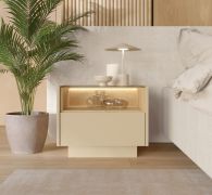 Bedside chest of drawers | color: cocoa / oak Cremona | 1 drawer | incl. LED lighting | 1 compartment | 53 x 40 x 43 cm | push-to-open function | bedside table | for bedrooms