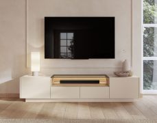 TV cabinet | color: beige / oak Cremona | 2 hinged doors | incl. LED lighting | 3 compartments | 203 x 40 x 43 cm | push-to-open function | TV board | 2 drawers