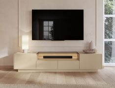 TV base unit | color: cocoa / oak Cremona | 2 hinged doors | incl. LED lighting | 3 compartments | 203 x 40 x 43 cm | push-to-open function | TV board | 2 drawers