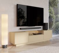 TV base unit | color: cocoa / oak Cremona | 2 hinged doors | incl. LED lighting | 3 compartments | 176 x 40 x 43 cm | push-to-open function | TV furniture | 1 drawer