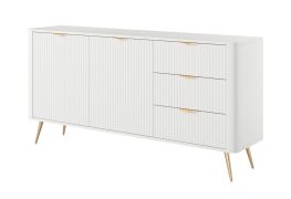 Chest of Drawers | Long Sideboard | White | 3 Drawers | 4 Compartments | Dimensions: 81 x 163 x 38 cm | Handles & Legs: Metal | 2 Doors | Slatted Design