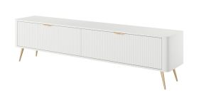 TV Cabinet | White | TV Stand / TV Furniture | 2 Compartments | 2 Hinged Doors | Dimensions: 51 x 200 x 38 cm | Modern slatted front | Handles & Legs: Metal