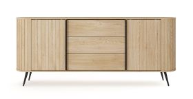 Chest of drawers | 2 sliding doors | color: Cremona oak | 3 drawers | push-to-open function | 196 x 40 x 82 cm | rounded sides | 4 compartments | ABS edges