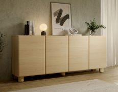 Chest of drawers | 4 doors | color: Vicenza oak | 8 compartments | push-to-open function | 200 x 38 x 80 cm | sideboard | ABS edges | wooden legs | soft lines