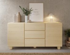 Chest of drawers | 2 doors | 3 drawers | color: Vicenza oak | 4 compartments | push-to-open function | 160 x 38 x 80 cm | wooden legs | soft lines | ABS edges