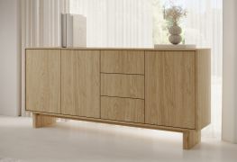 Chest of drawers | color: oiled oak | push-to-open function | 183 x 38 x 83 cm | 3 hinged doors | 3 drawers | 6 compartments | sideboard | ABS edges