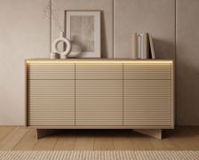Chest of drawers | color: Bolivar natural / cappuccino | 3 hinged doors | 6 compartments | 3 drawers | push-to-open function | incl. LED lighting | 154 x 40 x 85 cm