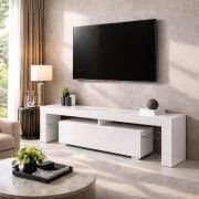 Zolvini TV Cabinet | High-Gloss White | 140 x 35 x 47.5 cm | Large Tilting Compartment | Push-to-Open | Sturdy & Durable | Fully Painted