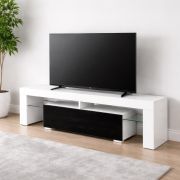 Zolvini TV Stand | White/Black High-Gloss | 140 x 35 x 47.5 cm | Large Tilting Compartment | Push-to-Open | Sturdy & Durable | Fully Painted