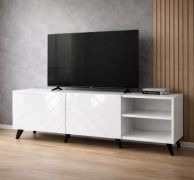 Zolvane 1.5 TV Stand | High-Gloss White | 150 x 42 x 53.5 cm | 6 Compartments | 2 Doors | Handle-less Design | Decorative Geometric Front