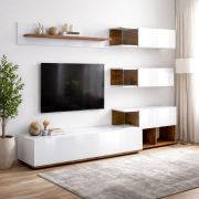 Mondura Wall Unit | Sea Wood vintage cabinet with white UV high-gloss fronts | 240 x 40 x 150 cm | Push-to-open