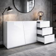 Beldran Chest of Drawers / Sideboard | White UV High-Gloss Finish | Push-to-Open | 3 Drawers | 2 Doors | 2 Compartments | 180 x 43 x 87 cm