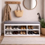 Bench with Storage / Shoe Cabinet 100 | Color: Nimfea alba | 4 compartments | soft gray fabric upholstery | 100 x 32 x 48.6 cm | Fold-out bench