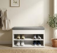 Bench with Storage / Shoe Cabinet 60 | Color: Nimfea alba | 2 compartments | soft gray fabric upholstery | 60 x 32 x 48.6 cm | fold-out bench