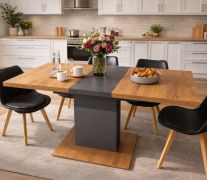 Teem Extendable Dining Table | Color: Artisan Oak / Graphite | Pedestal table | Sturdy tabletop | 110–150 x 70 x 80 cm | Seats 4–6 people | Two-tone finish