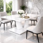 Monzelo Dining Table | Color: High-gloss white | 32 mm thick tabletop | Seats 6 | 160 x 90 x 75 cm | V-shaped center leg | Maximum legroom