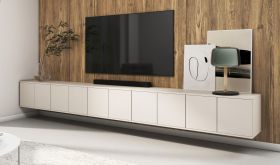 TV cabinet | cashmere | push-to-open function | 10 doors | 20 compartments | 350 x 40 x 40 cm | can be assembled hanging or standing | TV furniture