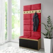 Wardrobe 01, 1m Wide with Upholstered Bench | Artisan/Black/Red | Shoe Cabinet, 2 Tilt Doors | 8 Pairs | 6 Hooks | 4 Compartments