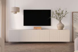 Hanging TV cabinet | cashmere | 6 hinged doors | 6 compartments | 210 x 40 x 40 cm | push-to-open function | TV furniture | for living room | slatted design