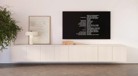 Hanging TV cabinet | cashmere | 8 hinged doors | 8 compartments | 280 x 40 x 40 cm | push-to-open function | slatted design | for living room | TV furniture