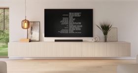 Hanging TV cabinet | cashmere | 10 hinged doors | 10 compartments | 350 x 40 x 40 cm | slatted design | for living room | TV furniture | push-to-open function