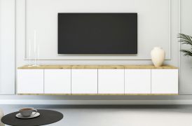 TV cabinet | color: Artisan oak / white | push-to-open function | 6 doors | 12 compartments | 210 x 40 x 40 cm | high-quality workmanship | TV board