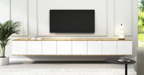 TV stand | color: Artisan oak / white | push-to-open function | 8 doors | 16 compartments | 280 x 40 x 40 cm | high-quality workmanship | TV cabinet
