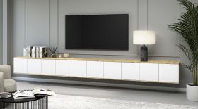 TV cabinet | color: Artisan oak / white | push-to-open function | 10 doors | 20 compartments | 350 x 40 x 40 cm | high-quality workmanship | TV cabinet