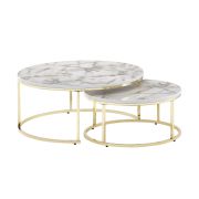 Set of 2 Round Living Room Tables | Marble Look & Gold Finish | 80 x 80 x 36 cm & 60 x 60 x 26 cm