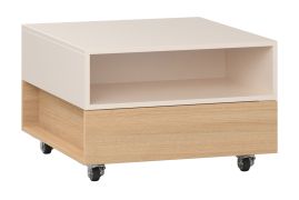 Coffee Table on Four Castors | 1 Open Compartment | 1 Drawer | Oak / Beige | Soft-Close & Push-to-Open | For Living Room