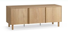 TV Cabinet | 3 hinged doors | 2 cable ports | Color: Oak | 6 compartments | 138 x 46 x 56 cm | Soft-close function | Ergonomic oak handles | TV stand