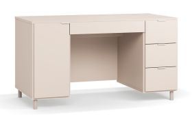 Beige Desk for Office | 4 Drawers | 2 Compartments | Soft-Close | 140 x 67 x 77 cm | White Handles | Functional Strip