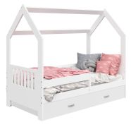 Children's House Bed | Solid Pine, White Lacquered D3E | Slatted Frame | 80 x 160 cm Sleeping Area