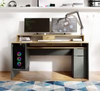 Desk with plenty of storage space | 160 x 70 x 91.5 cm | Ergonomic | Aritsan - Oak / Graphite Gray | 6 compartments | Kissamos 02 | with monitor stand