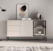 Sideboard | cashmere | incl. LED lighting | 3 drawers | push-to-open function | 160 x 40 x 86 cm | 4 compartments | chest of drawers | 1 glass door with aluminum frame