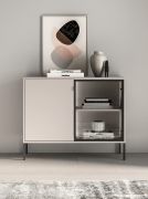 Chest of drawers | small | cashmere | 1 glass door with aluminum frame | 4 compartments | incl. LED lighting | push-to-open function | 107 x 40 x 86 cm | legs: metal