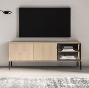 TV cabinet | color: Lindberg oak | 2 drawers | 3 compartments | push-to-open function | incl. LED lighting | 1 glass door with aluminum frame | 160 x 40 x 59 cm | TV cabinet