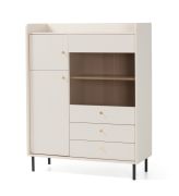Chest of Drawers | 1 glass door | 2 drawers | Color: Beige with wood grain | Dimensions: 103.5 x 42 x 133 cm | 3 doors | Legs & handles: Metal | 6 compartments | For the living room