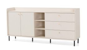 Chest of Drawers | 3 drawers | Color: Beige with wood grain | 5 compartments | Dimensions: 193.5 x 42 x 91 cm | 2 hinged doors | Legs & handles: Metal | Sideboard