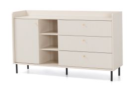 Chest of Drawers | 3 drawers | Color: Beige with wood grain | 5 compartments | Dimensions: 153.5 x 42 x 91 cm | 1 door | Legs & handles: Metal | Sideboard | for the living room