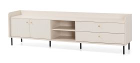 TV Cabinet | 2 drawers | long design | Color: Beige with wood grain | 4 compartments | Dimensions: 210 x 42 x 59 cm | 2 hinged doors | Legs & handles: Metal
