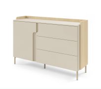 Chest of drawers | color: oak mavelie / macadamia | 1 hinged door | 3 drawers | 143 x 42 x 95 cm | push-to-open function | metal legs | for living room