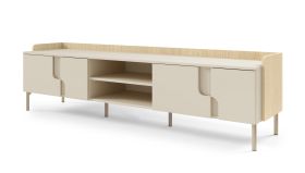 TV cabinet | color: Mavelie oak / Macadamia | 4 hinged doors | 4 compartments | 200 x 42 x 51 cm | push-to-open function | long TV unit | for living room